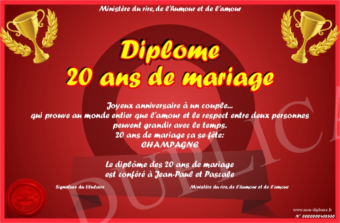 diplome 20 ans de mariage gratuit